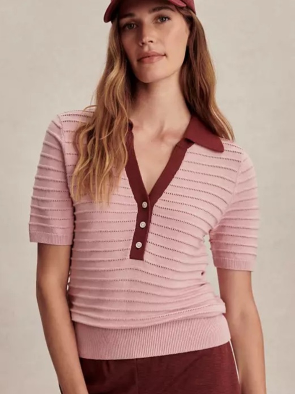 Varley Wren Knit Short Sleeve Striped Polo Pink & Burgundy - Size S